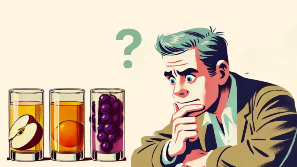 Man deciding between apple, orange, grape juices?