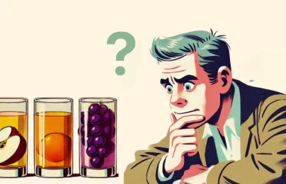 Man deciding between apple, orange, grape juices?