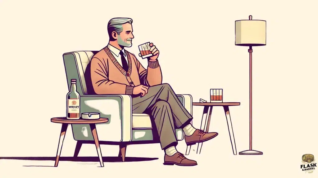 Man enjoying whiskey in a cozy room.