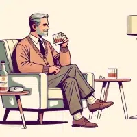 Man enjoying whiskey in a cozy room.