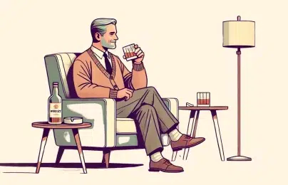 Man enjoying whiskey in a cozy room.