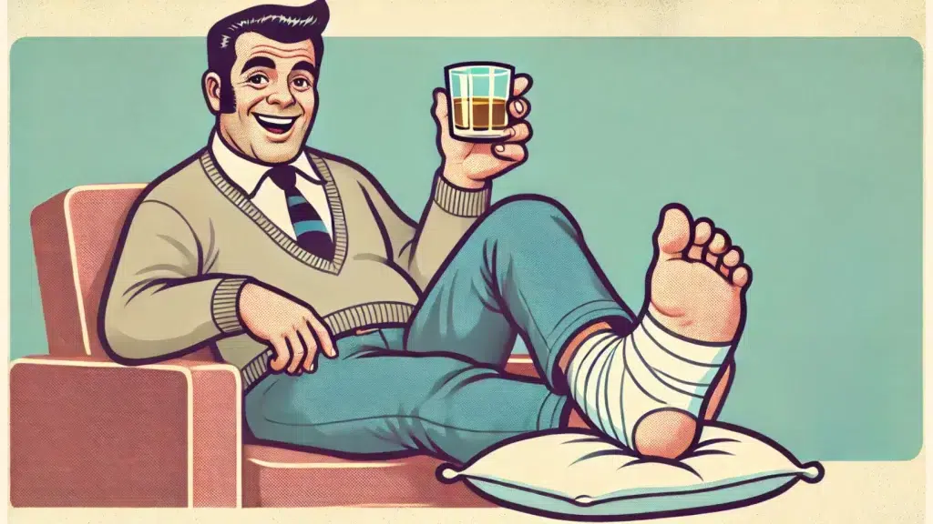 Smiling man with drink, leg bandaged on chair.