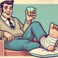 Smiling man with drink, leg bandaged on chair.