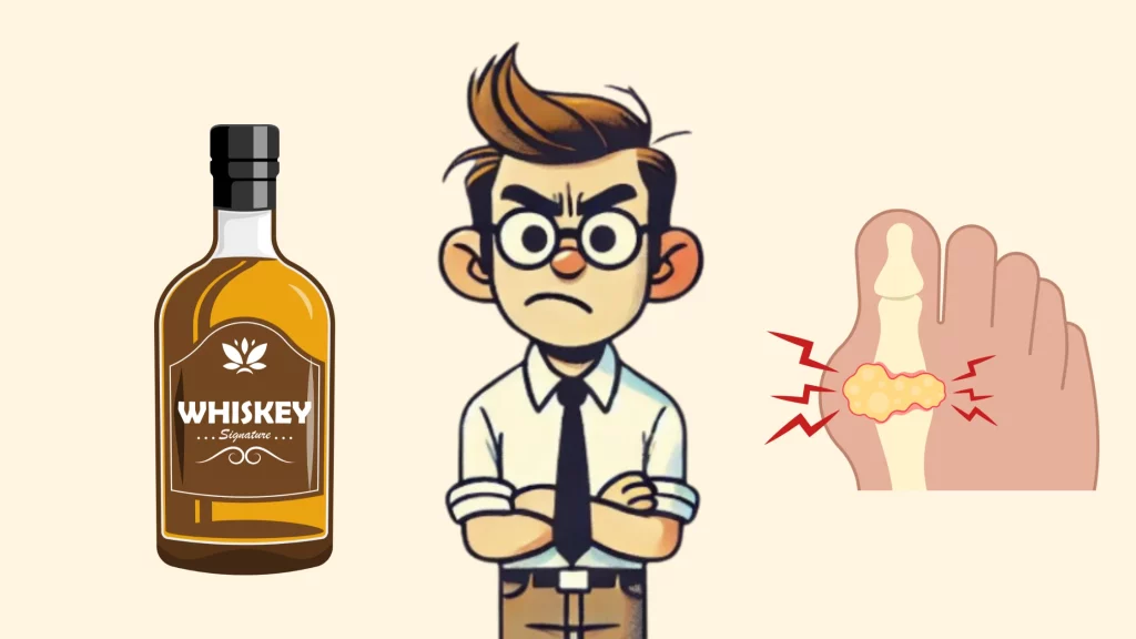 Whiskey, angry man, foot pain illustration.