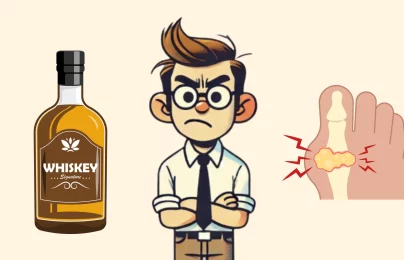 Whiskey, angry man, foot pain illustration.