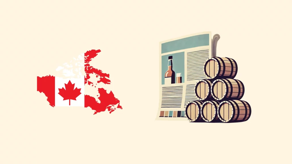 Canada map with whiskey barrels and newspaper