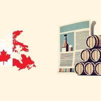 Canada map with whiskey barrels and newspaper