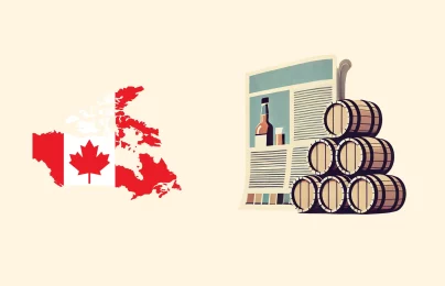 Canada map with whiskey barrels and newspaper