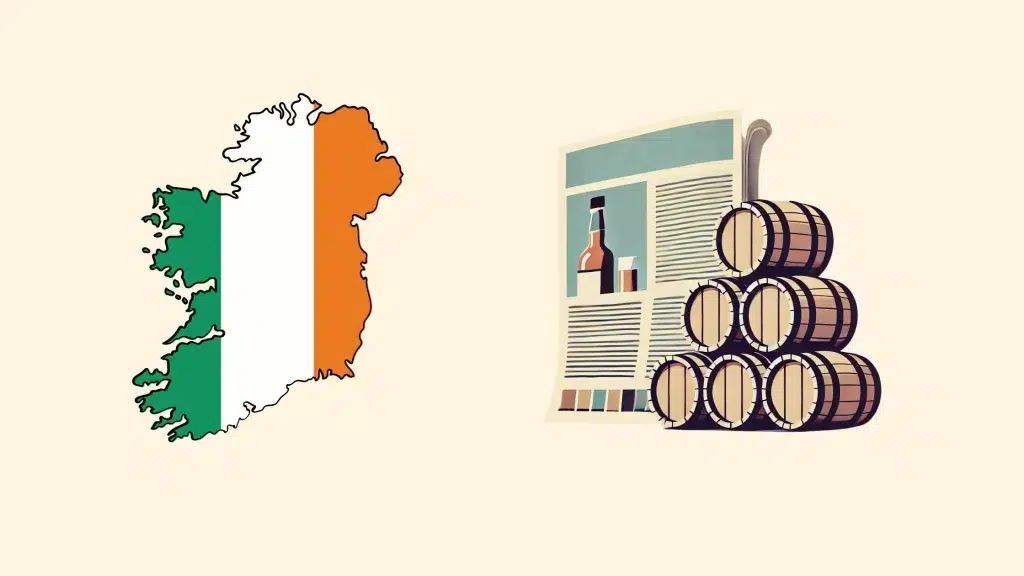 Irish map, whiskey barrels, and newspaper illustration