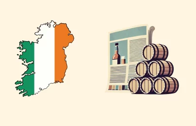 Irish map, whiskey barrels, and newspaper illustration