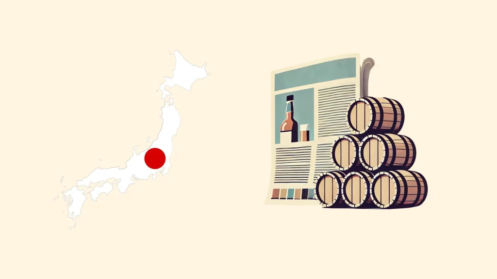 Japan map, whiskey barrels, and article illustration.