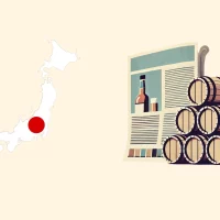 Japan map, whiskey barrels, and article illustration.