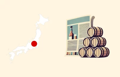 Japan map, whiskey barrels, and article illustration.