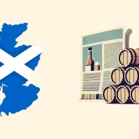 Scotland map, whiskey barrels, and label illustration