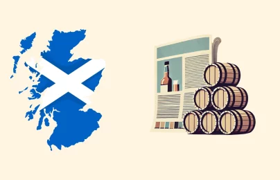 Scotland map, whiskey barrels, and label illustration