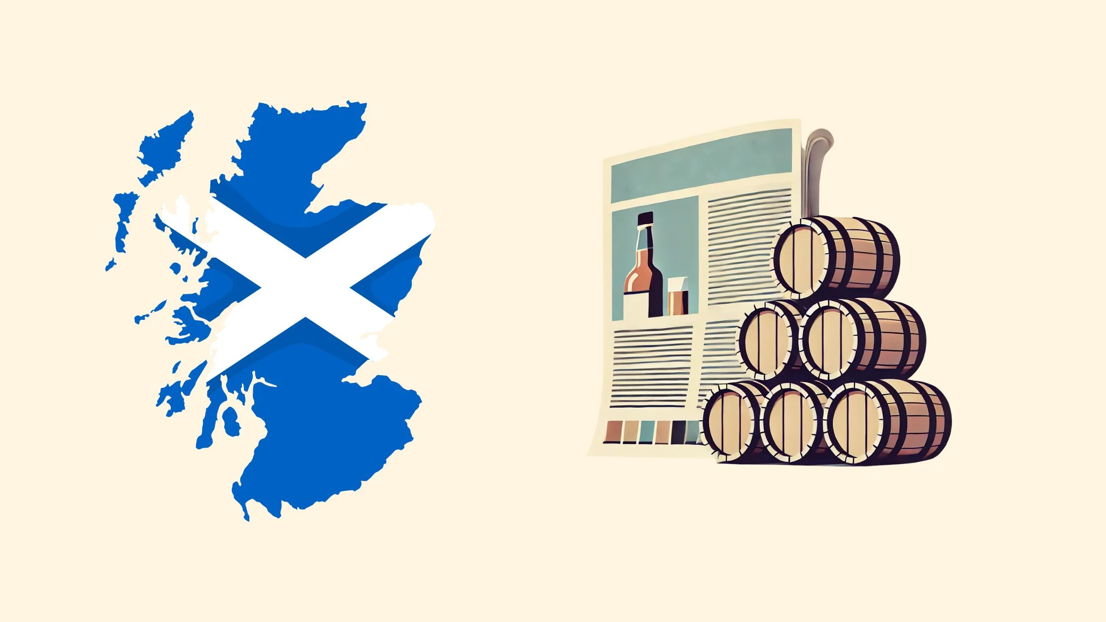 Scotland map, whiskey barrels, and label illustration