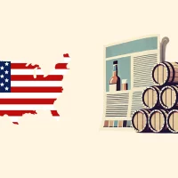 USA map, newspaper, and whiskey barrels.