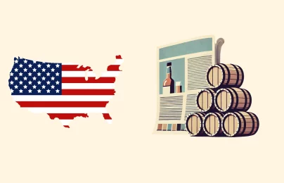 USA map, newspaper, and whiskey barrels.