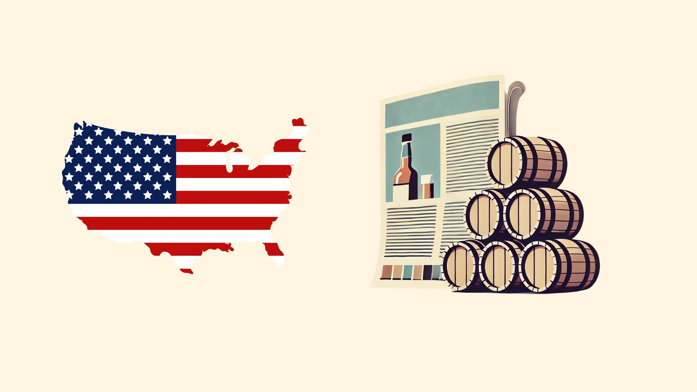 USA map, newspaper, and whiskey barrels.