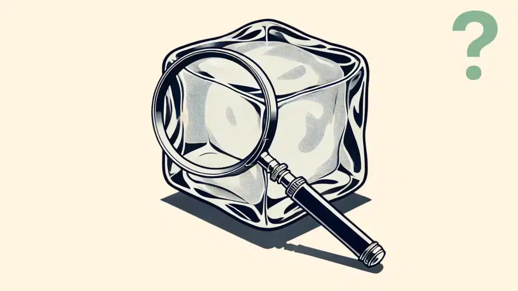 Magnifying glass examining an ice cube?