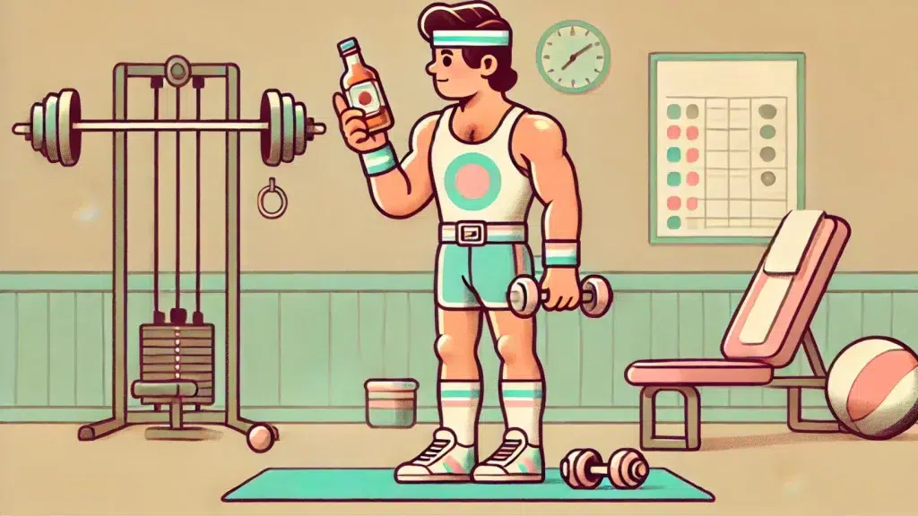 Cartoon man in gym with dumbbells and bottle