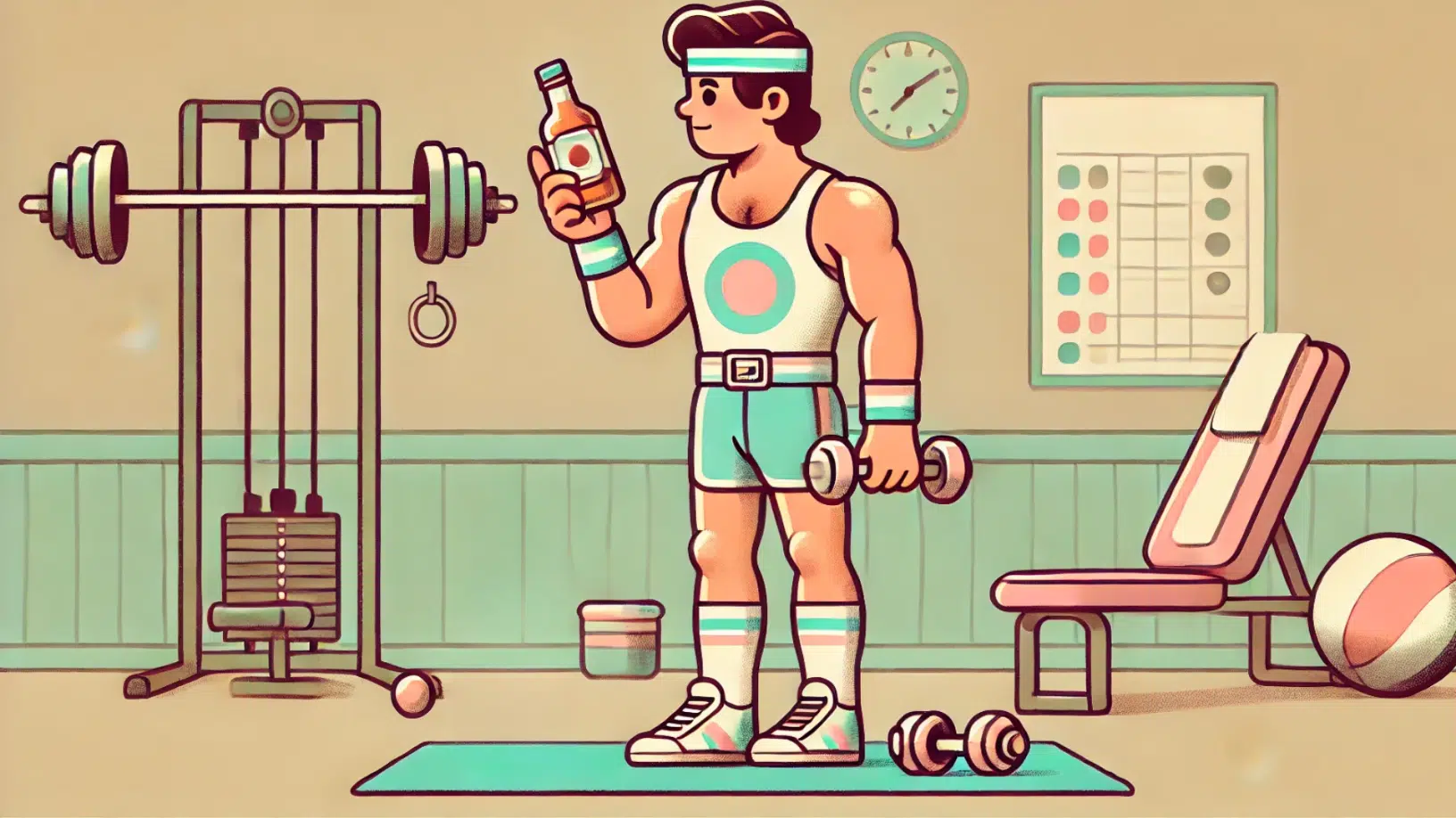 Cartoon man in gym with dumbbells and bottle