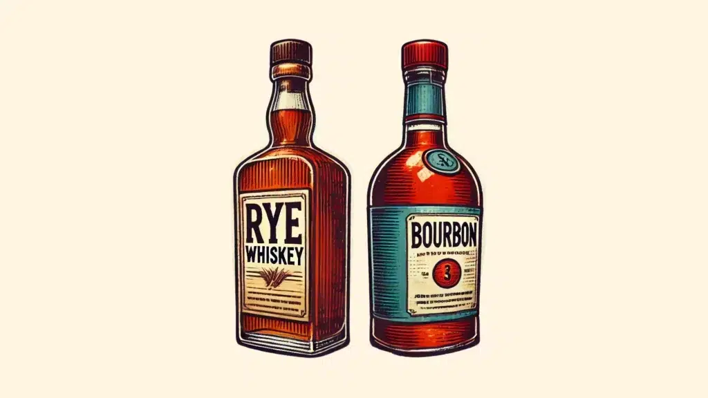 Rye whiskey and bourbon bottles illustration.