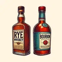 Rye whiskey and bourbon bottles illustration.