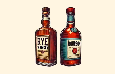 Rye whiskey and bourbon bottles illustration.