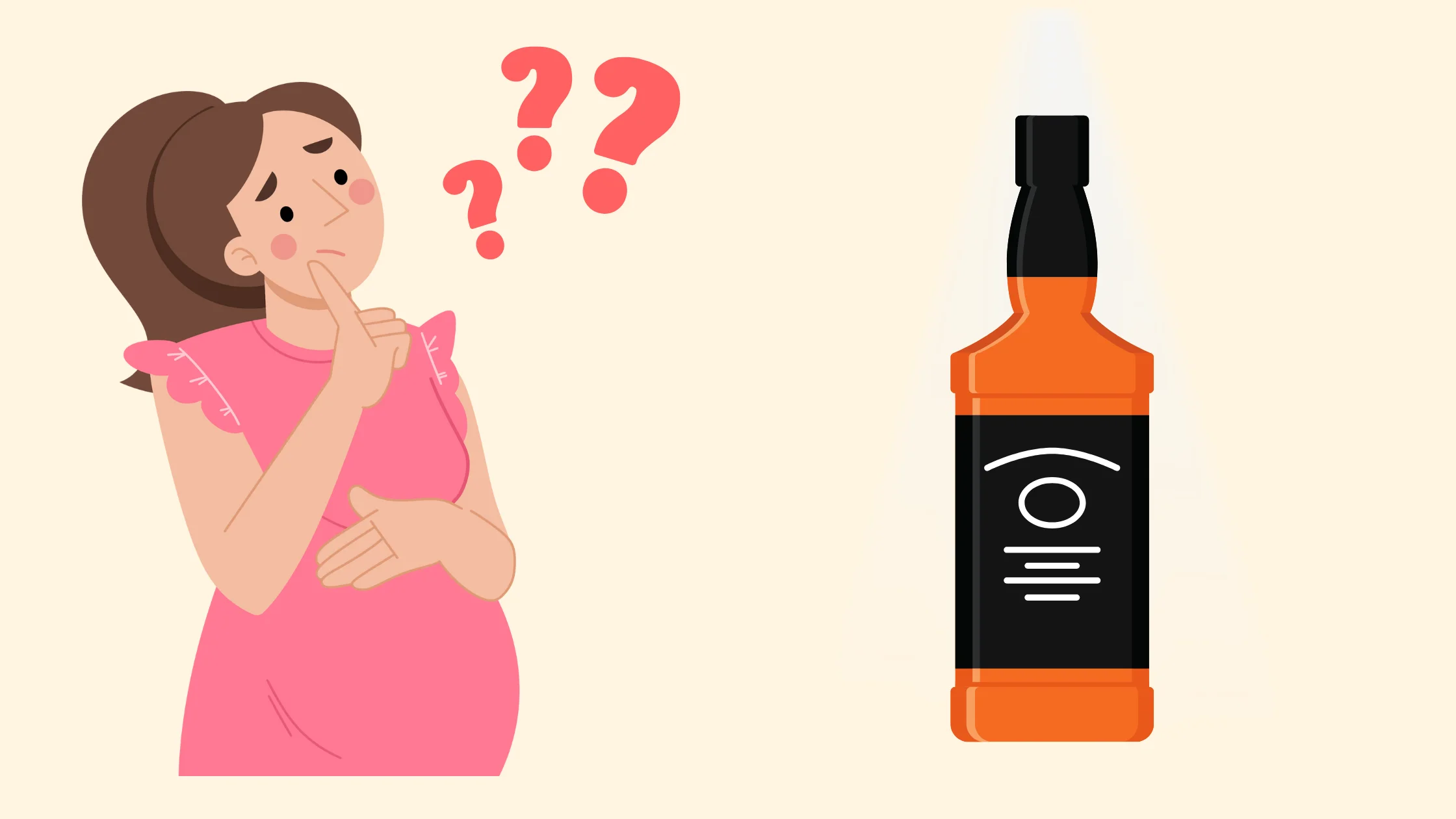 Confused woman thinking about alcohol bottle.