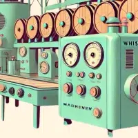 Vintage whiskey distillery machinery illustration.