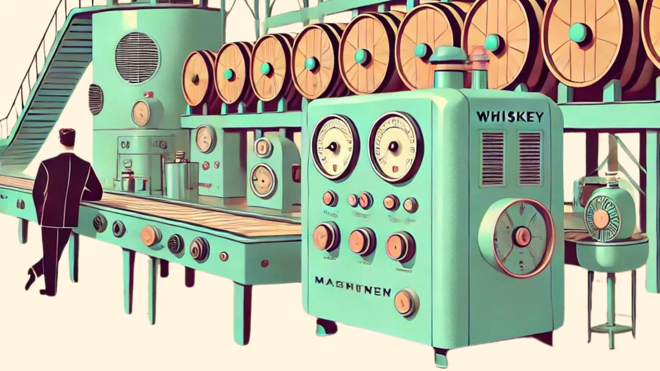 Vintage whiskey distillery machinery illustration.