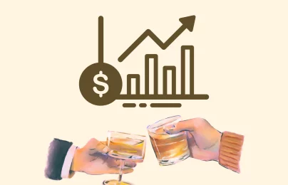 Rising financial chart with people toasting drinks