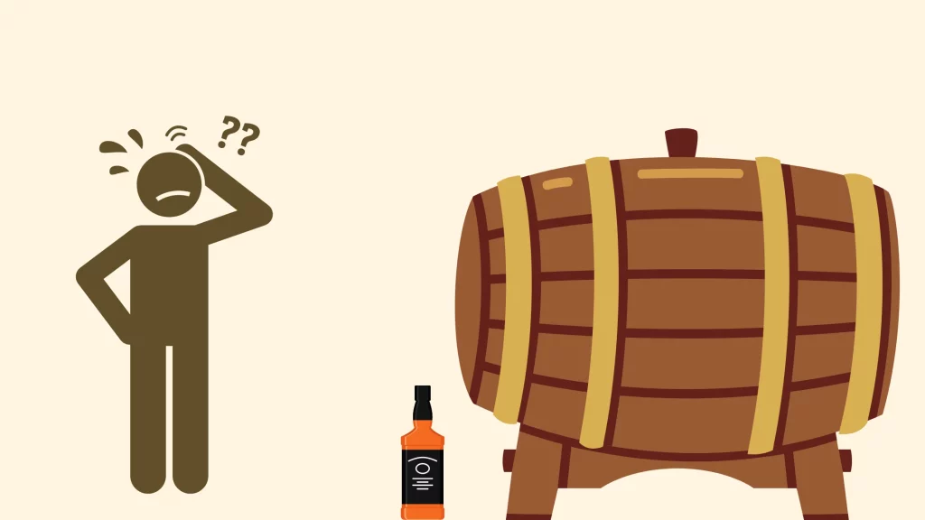 Confused person beside barrel and liquor bottle