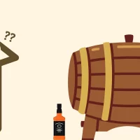 Confused person beside barrel and liquor bottle