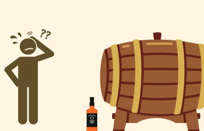 Confused person beside barrel and liquor bottle