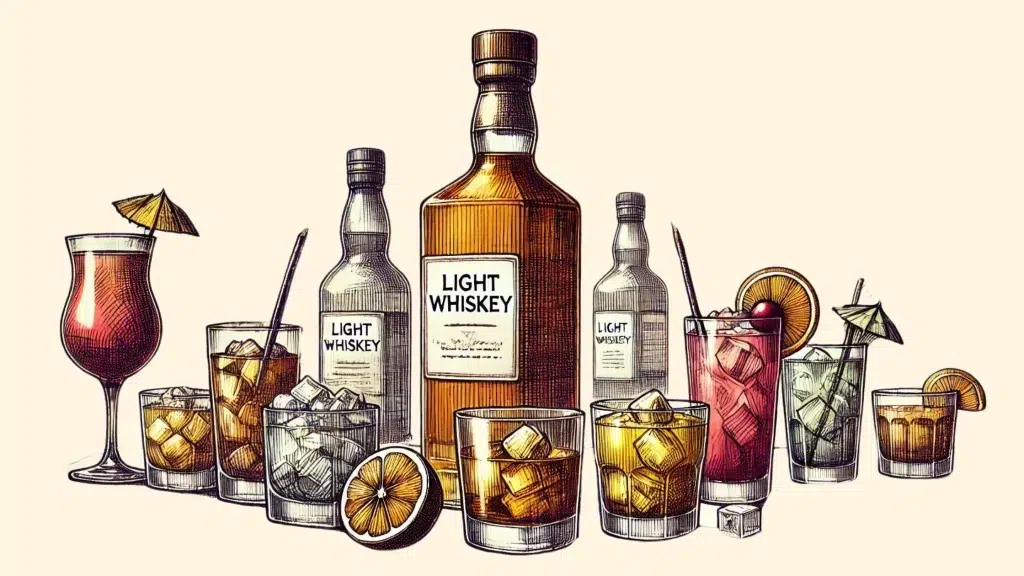 Various mixed drinks with whiskey bottles.