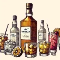 Various mixed drinks with whiskey bottles.