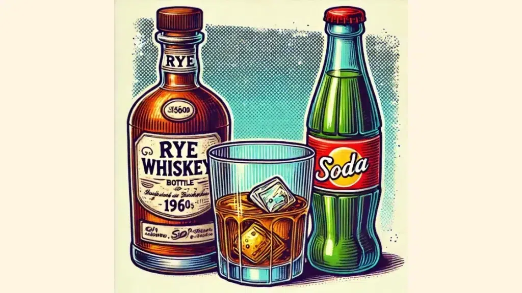 Rye whiskey, soda bottle, and glass with ice.