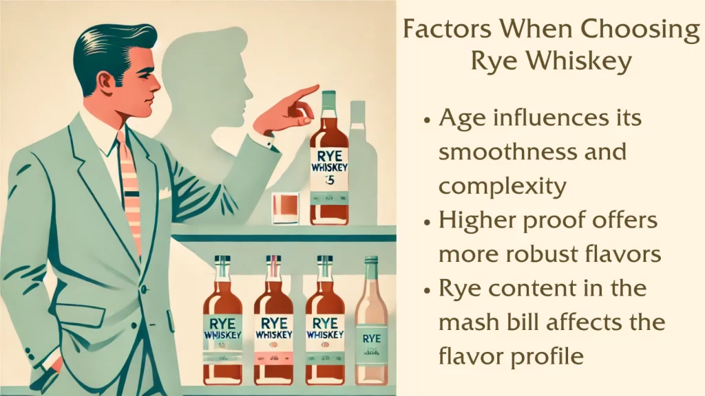 Man choosing rye whiskey from shelf.