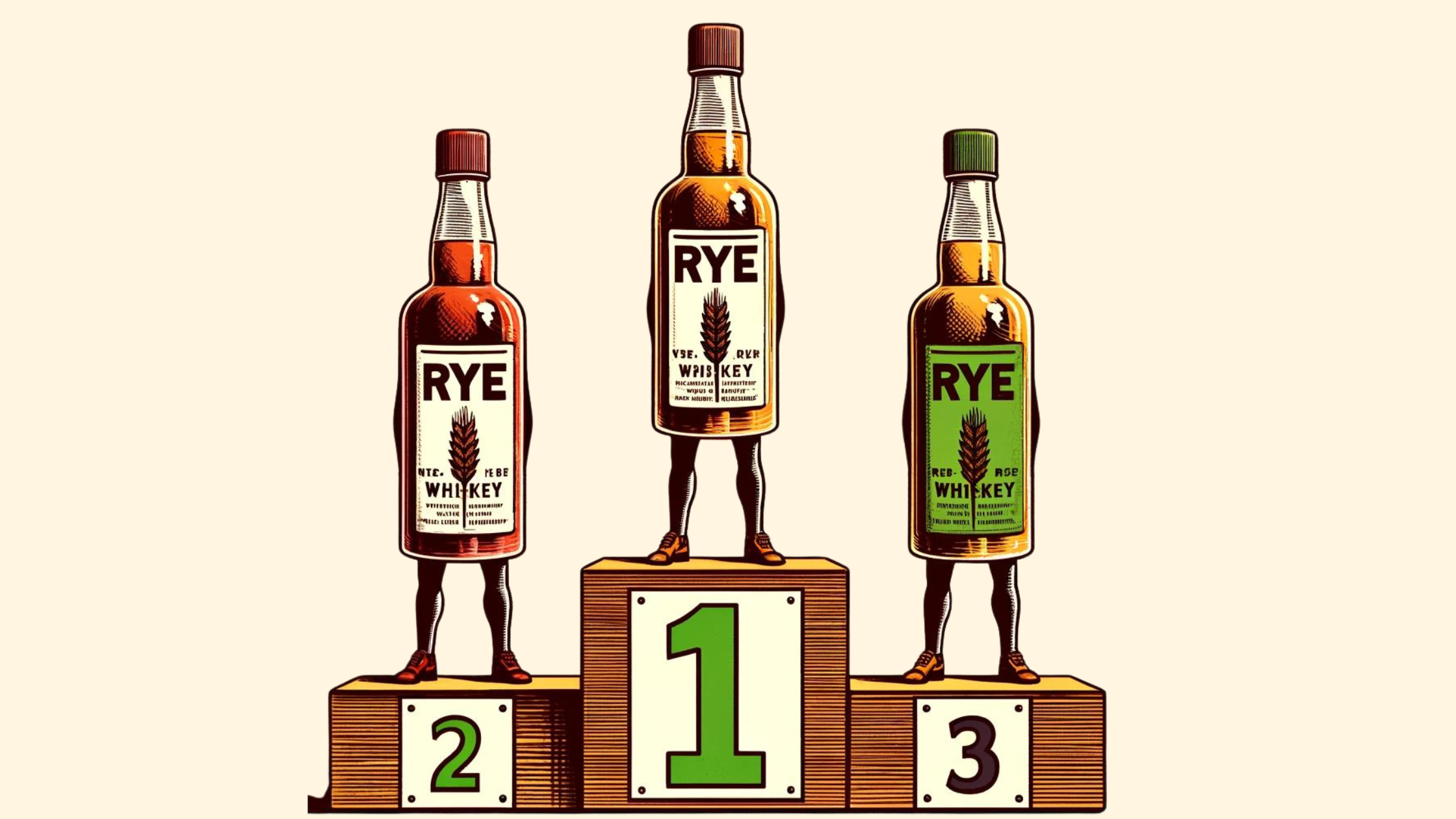 Three rye whiskey bottles on podium