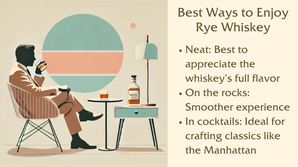 Rye whiskey enjoyment tips: neat, on rocks, cocktails.