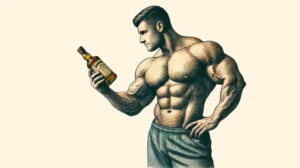 Muscular man holding whisky bottle, vintage illustration