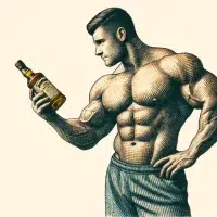 Muscular man holding whisky bottle, vintage illustration