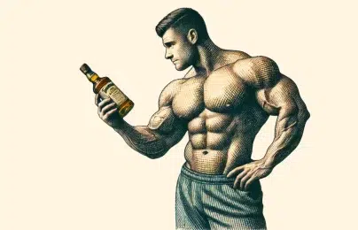 Muscular man holding whisky bottle, vintage illustration