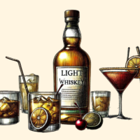 Assorted whiskey cocktails with bottle and garnishes.