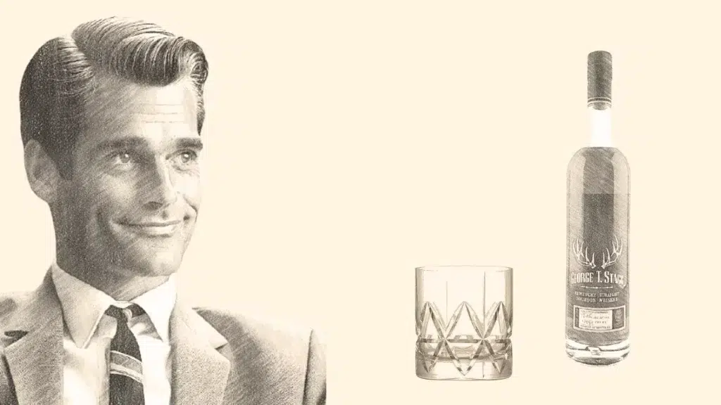 Man in suit, whiskey bottle, empty glass.