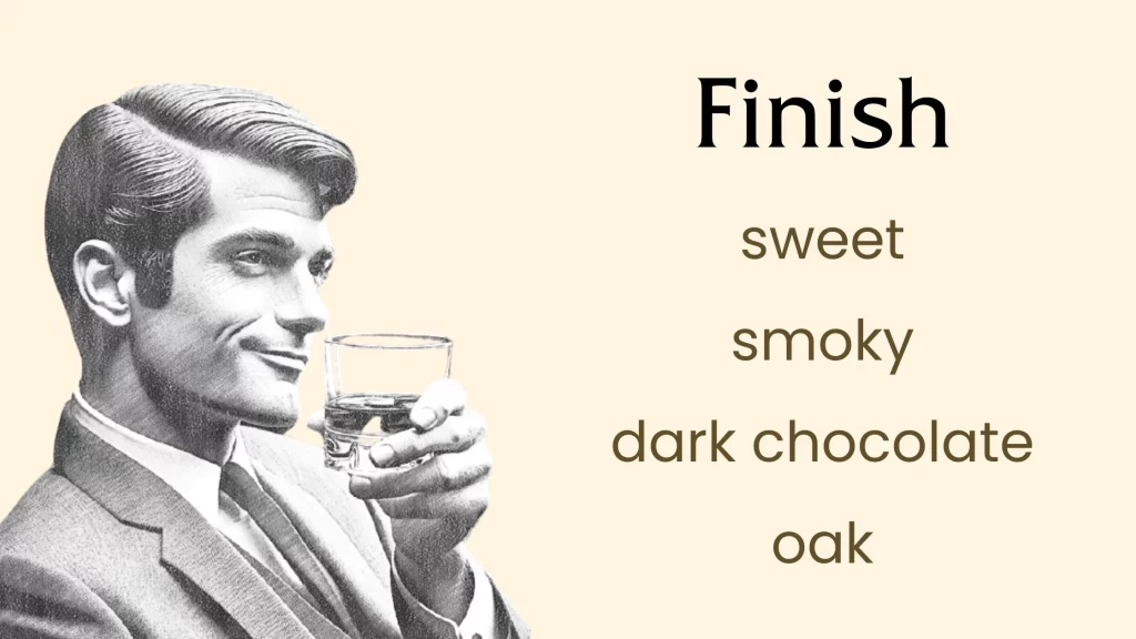 Man sipping whiskey, Finish: sweet, smoky, dark chocolate, oak