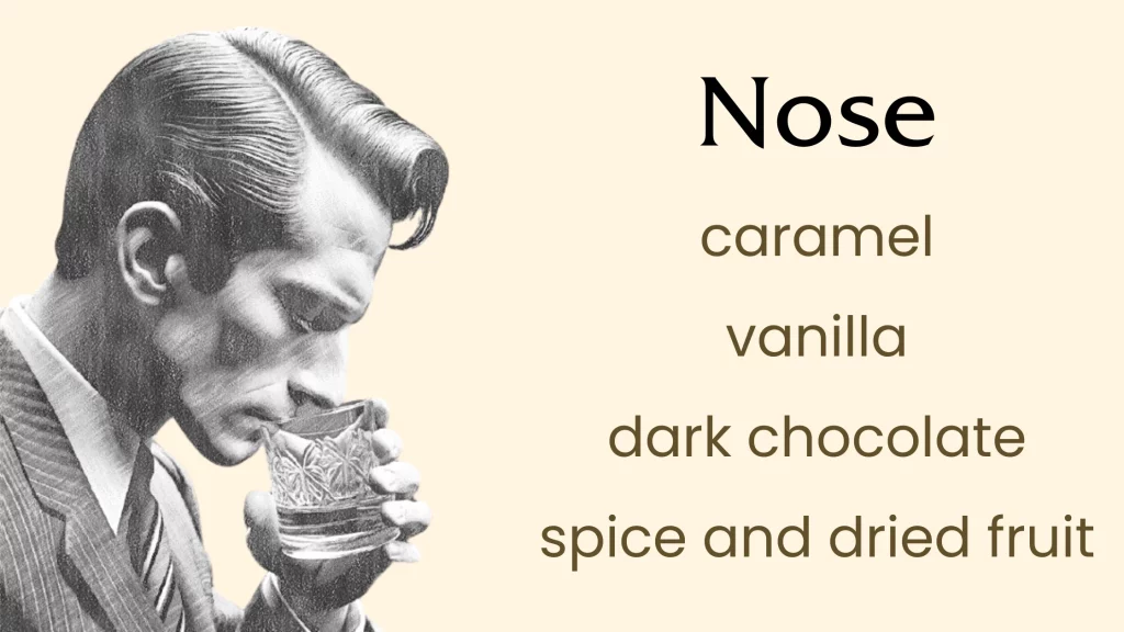 Nose scents: caramel, vanilla, dark chocolate, spice, fruit.