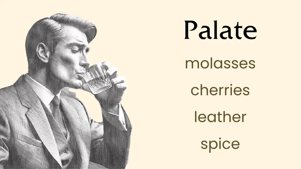 Man sipping drink, palate flavors listed.